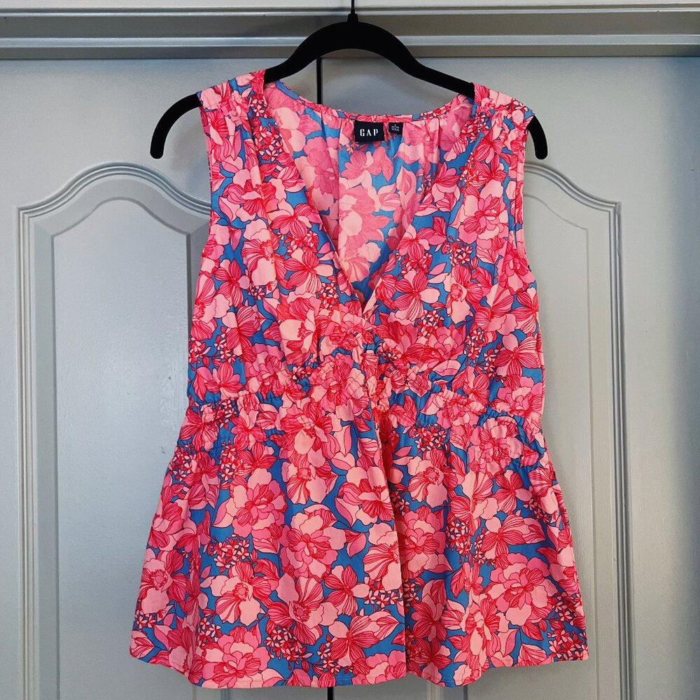 GAP Pink Blue Floral Sleeveless Peplum Top Tropical Summer Blouse